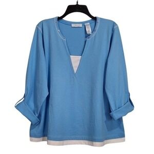 JH Collectibles Top Plus 2X Blue V-Neck 3/4 Roll Tab Sleeve Layered‎ Look Casual